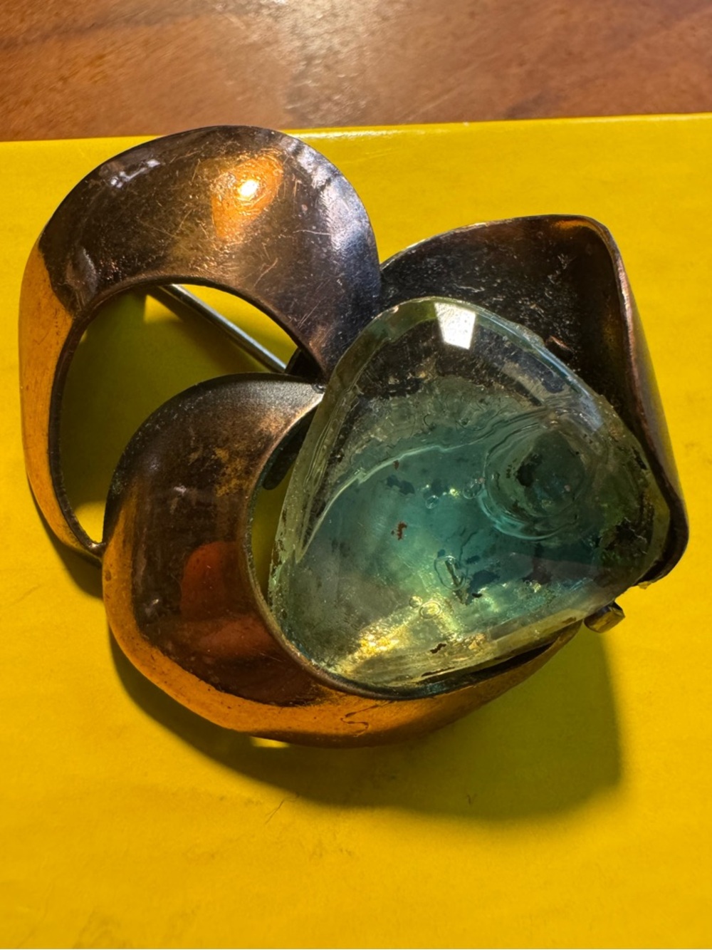 Vintage Modernist Design Copper Brooch with Teal Accent “Stone” Unsigned